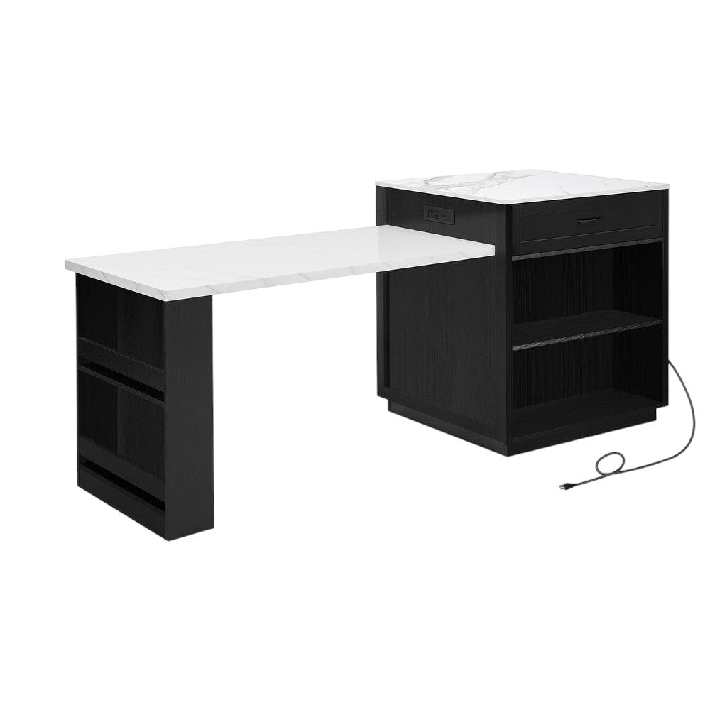 55" Black Wood Rolling Kitchen Island With Storage