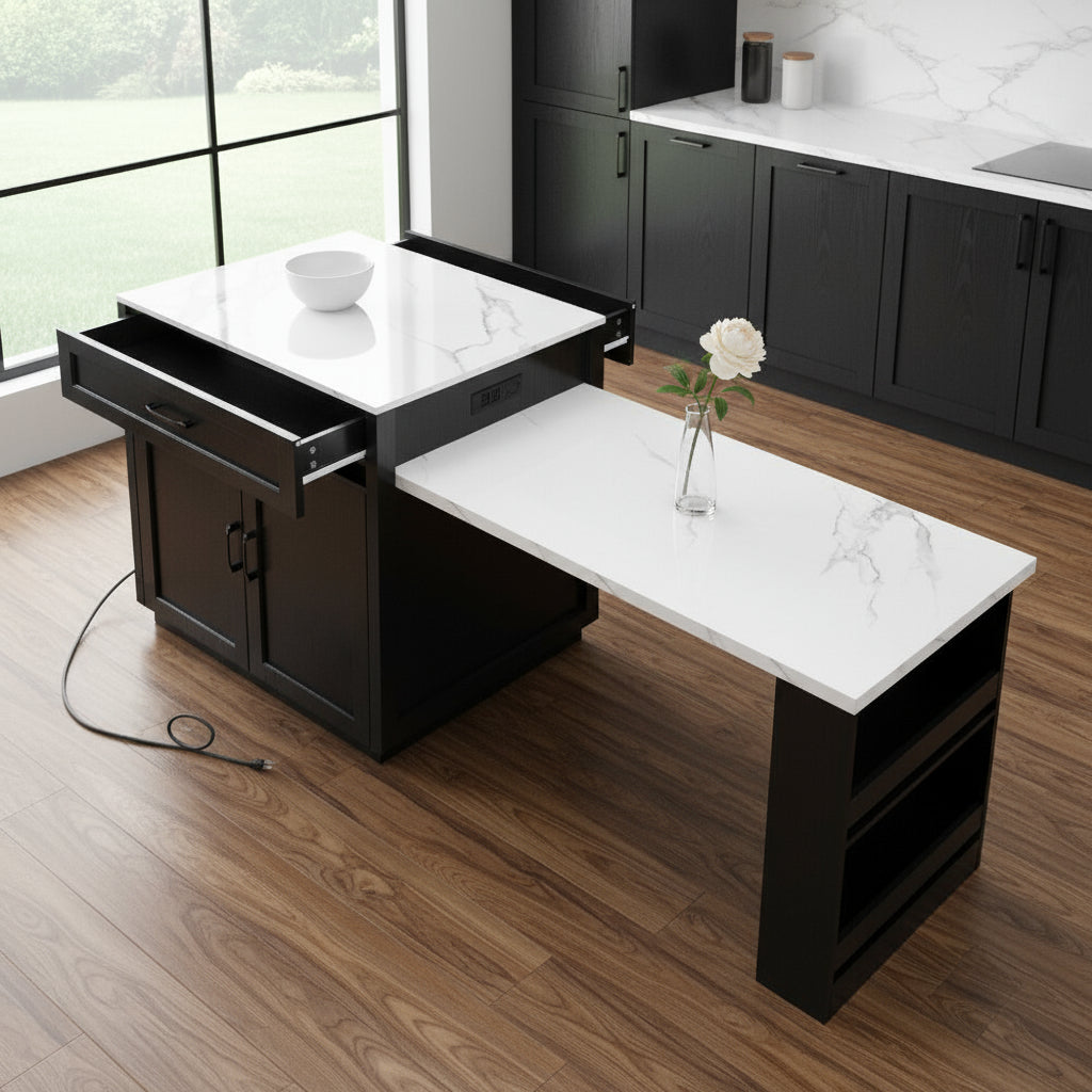 55" Black Wood Rolling Kitchen Island With Storage