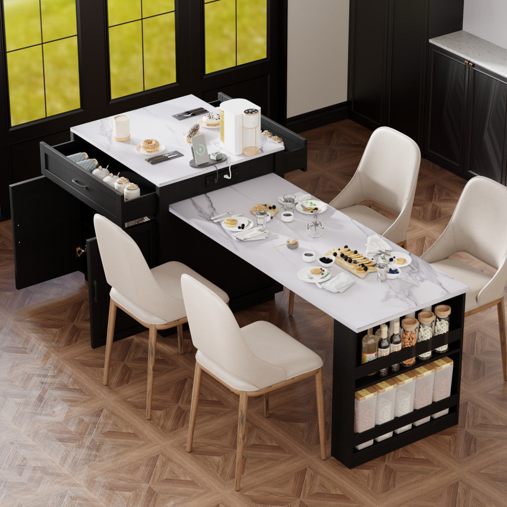 55" Black Wood Rolling Kitchen Island With Storage