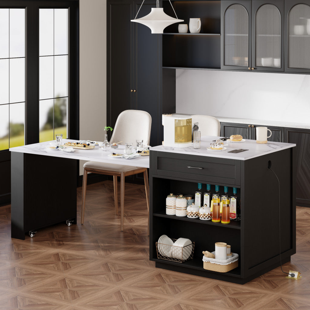 55" Black Wood Rolling Kitchen Island With Storage