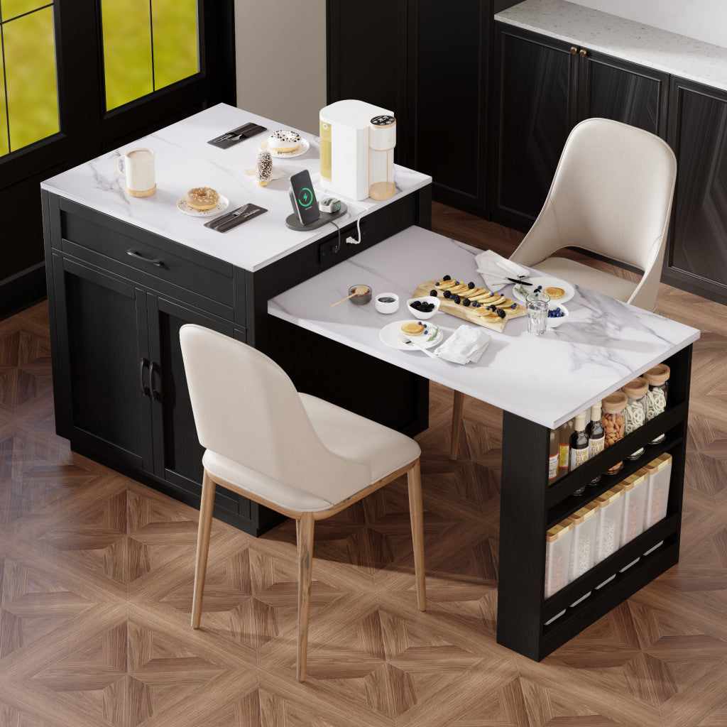 55" Black Wood Rolling Kitchen Island With Storage