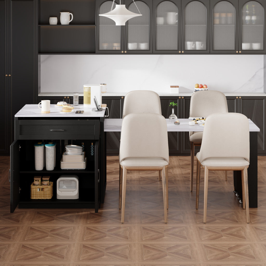 55" Black Wood Rolling Kitchen Island With Storage