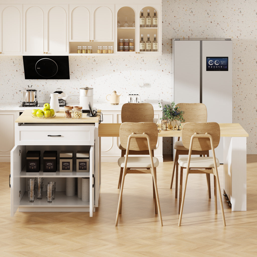 55" White Wood Rolling Kitchen Island With Storage