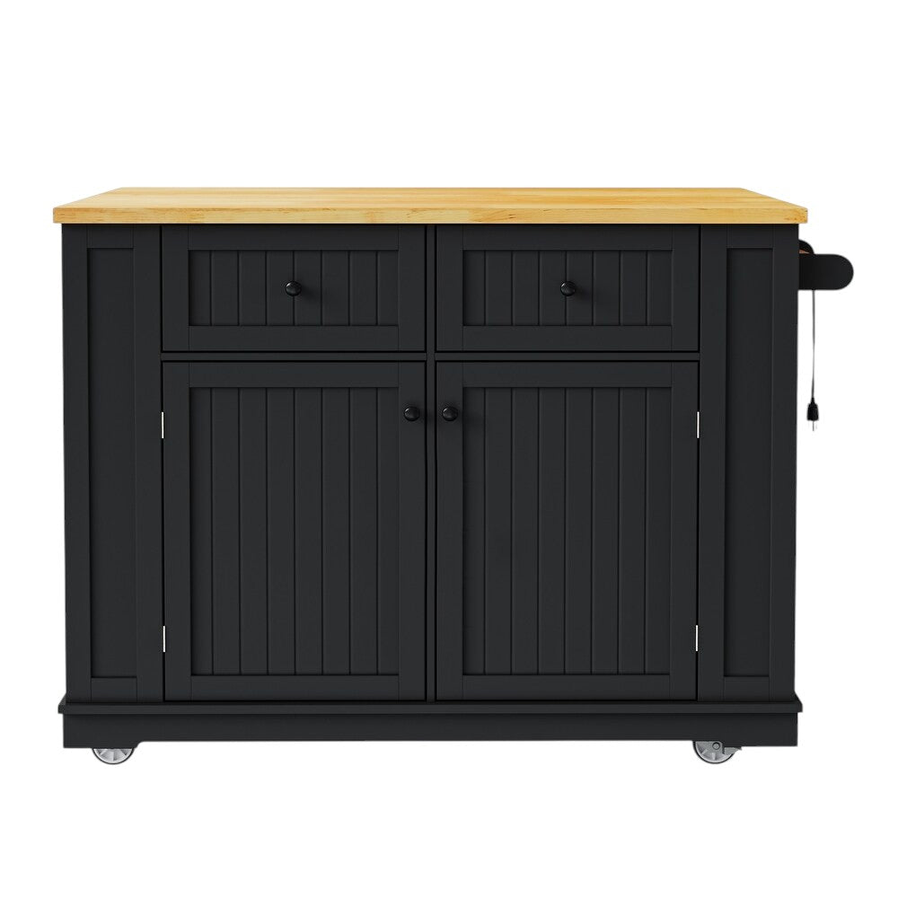 45" Black Wood Rolling Kitchen Island Set With Storage