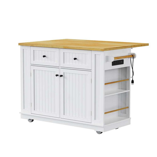45" White Wood Rolling Kitchen Island Set With Storage