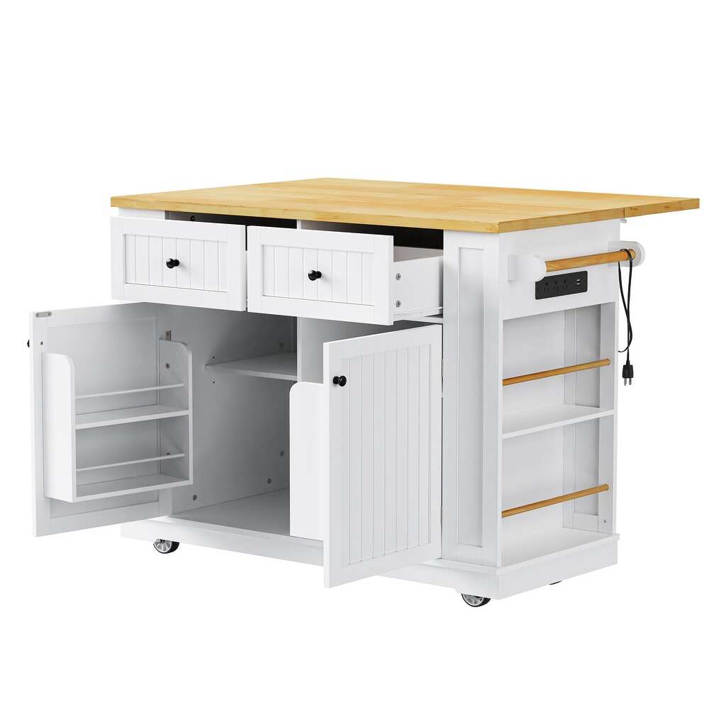 45" White Wood Rolling Kitchen Island Set With Storage