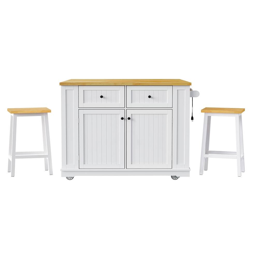 45" White Wood Rolling Kitchen Island Set With Storage
