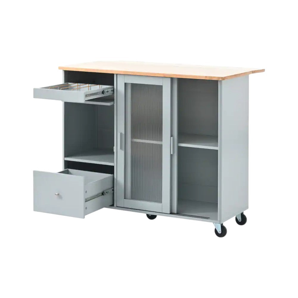 44" Light Blue Wood Rolling Kitchen Island With Storage