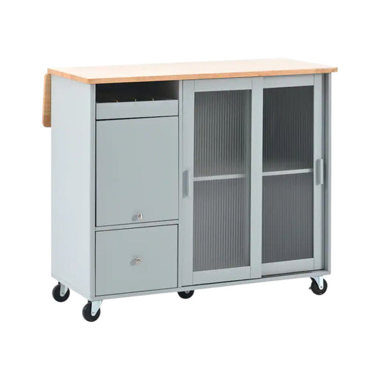 44" Light Blue Wood Rolling Kitchen Island With Storage