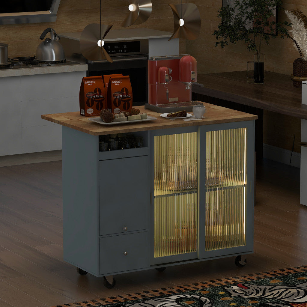 44" Light Blue Wood Rolling Kitchen Island With Storage