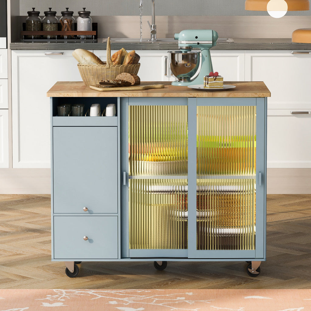 44" Light Blue Wood Rolling Kitchen Island With Storage