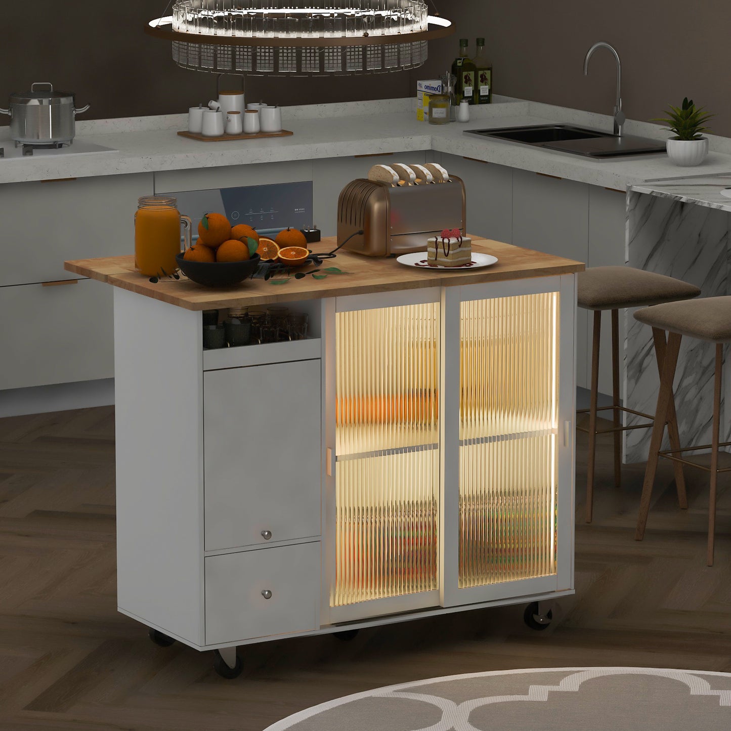 44" White Wood Rolling Kitchen Island With Storage
