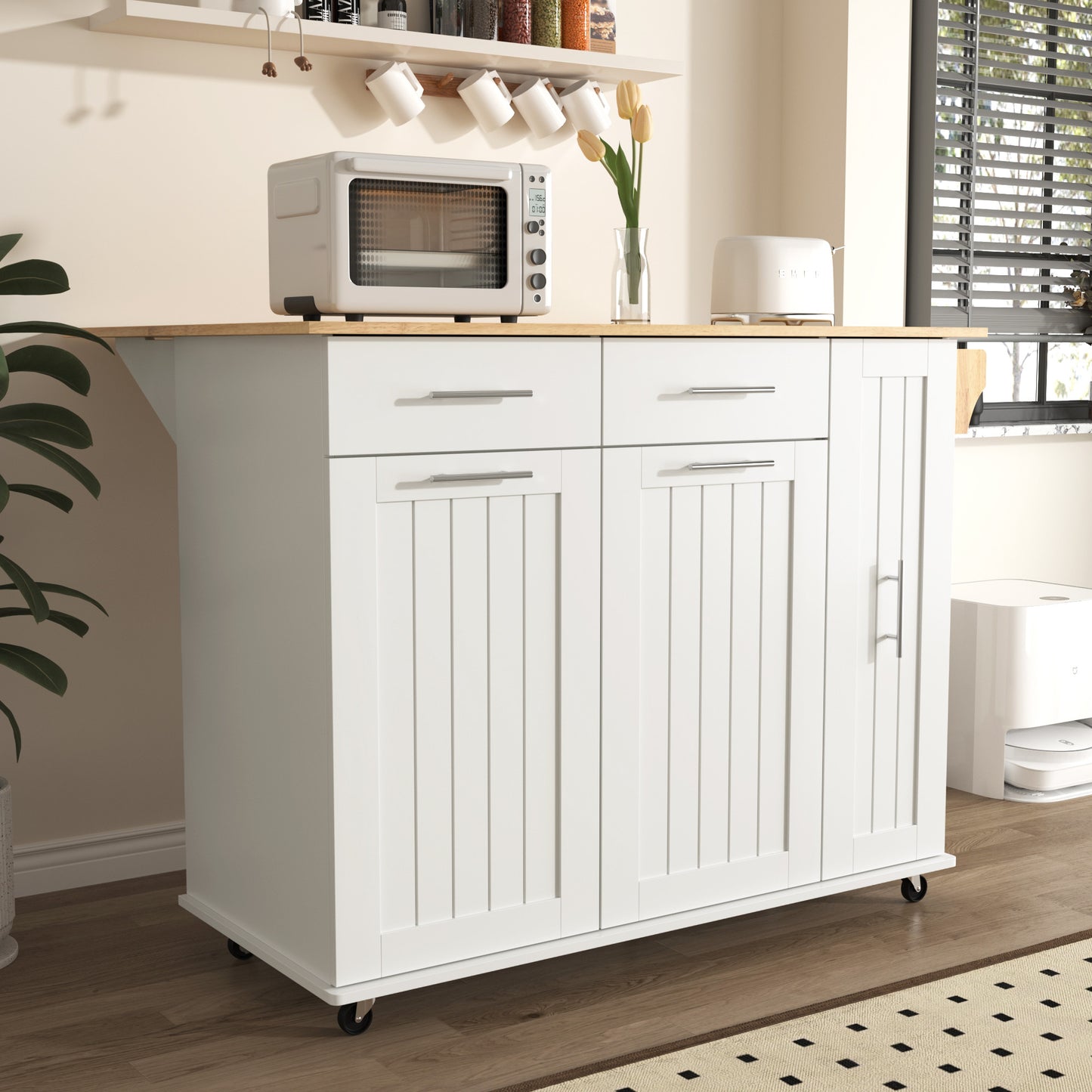 46" White Wood Rolling Kitchen Island With Storage