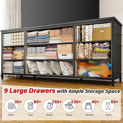 Dresser, Dresser for Bedroom with 9 Drawers, Wide Dresser TV Stand for 55” TV Stand for Bedroom Dresser Long Dressers & Chests of Drawers, Metal Frame&Wood Top, Closet, Hallway, Charcoal Black ShipItFurniture