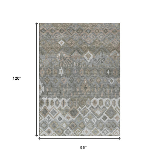 8' X 10' Pewter Ivory And Tan Geometric Washable Indoor Outdoor Area Rug