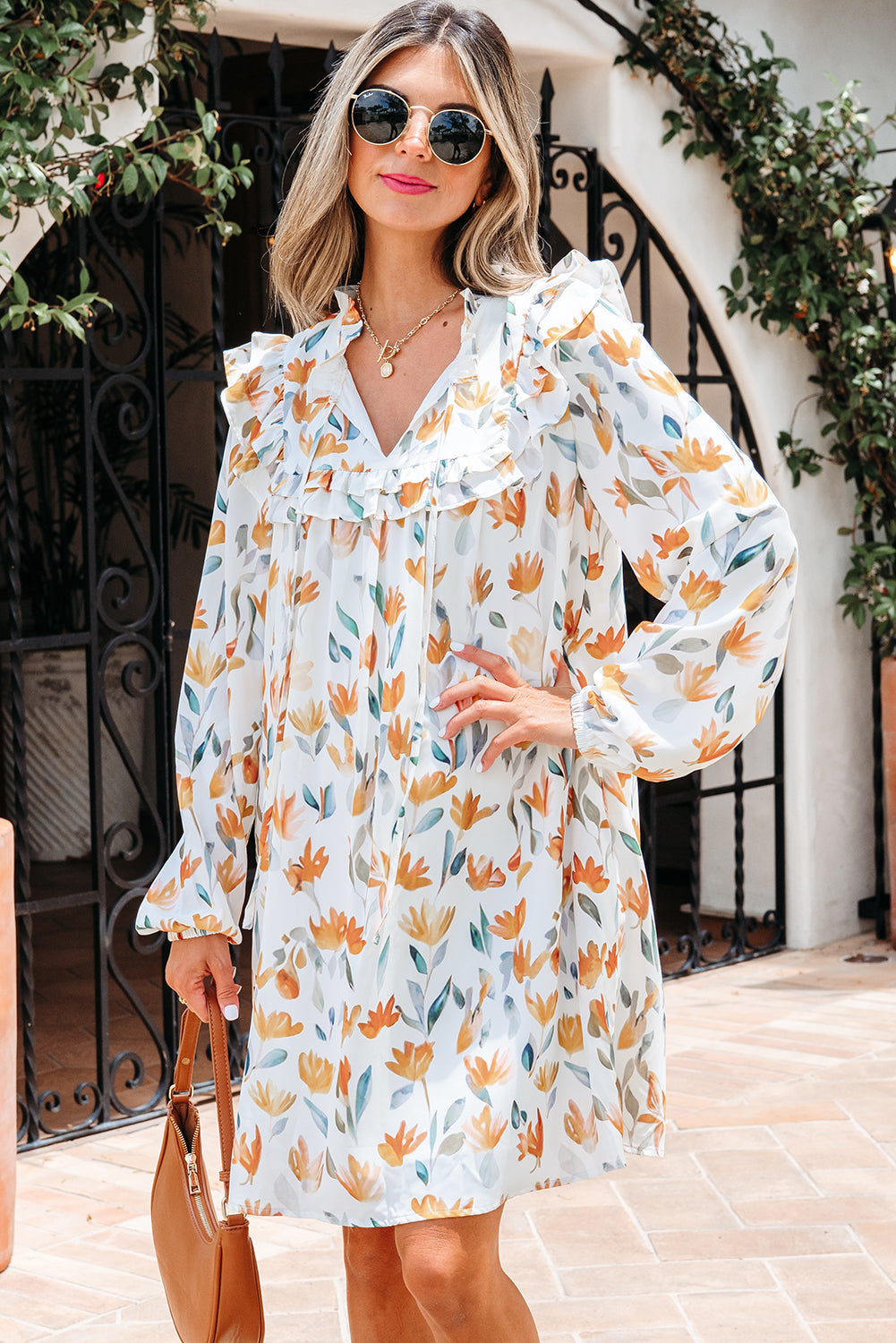 Katherine Floral Tie Neck Frilled Long Sleeve Dress Threaded Pear