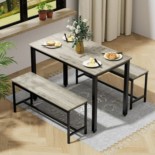Dining Table Set for 4, Kitchen Room Table Set with 2 Benches, 3-Piece Dining Chairs Set for Breakfast Nook, Grey ShipItFurniture