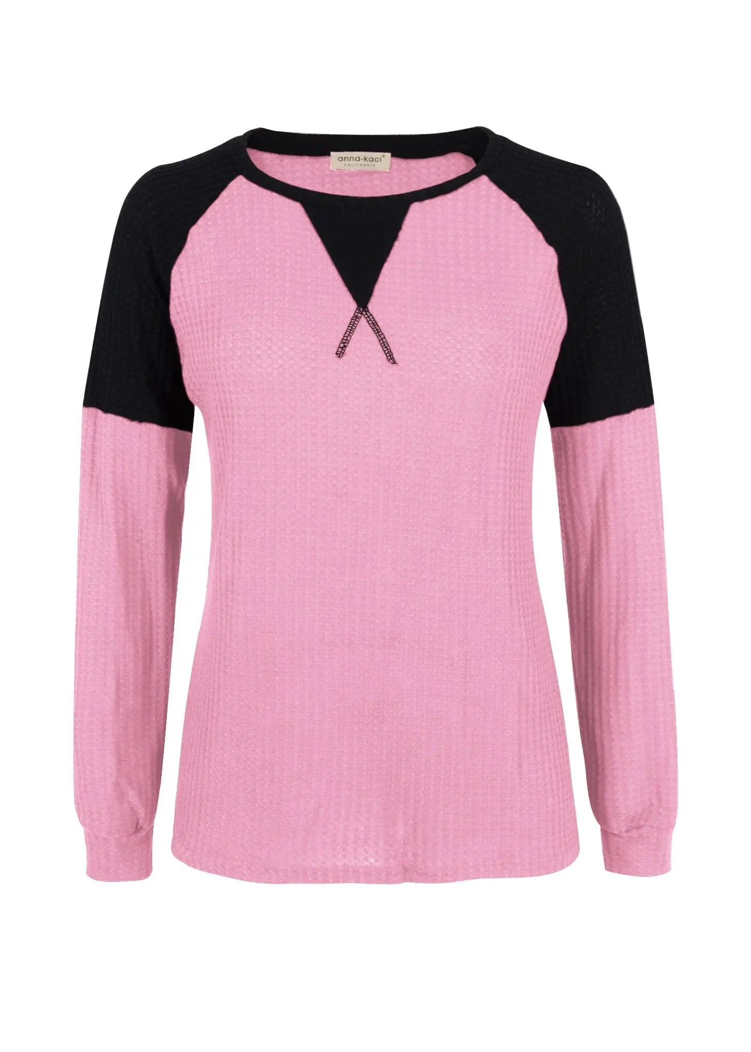 Two Tone Waffle Knit Crewneck Sweater Anna-Kaci Wholesale