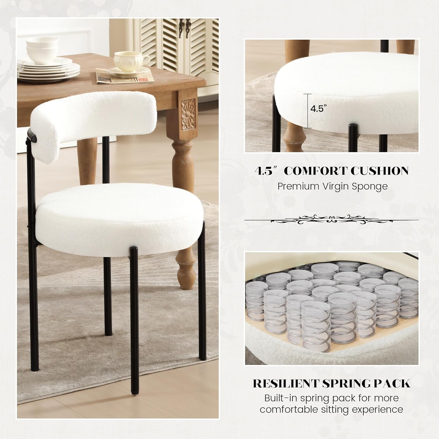 Dining Chairs Set of 4, White Boucle Dining Chair with Curved Backrest ShipItFurniture