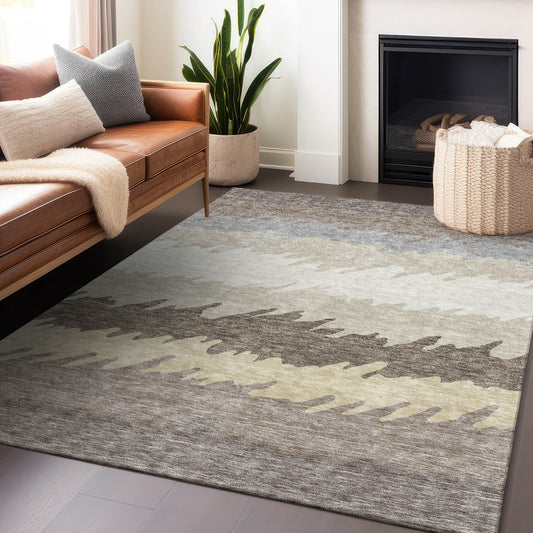 8' X 10' Taupe Gray And Beige Striped Washable Area Rug With UV Protection