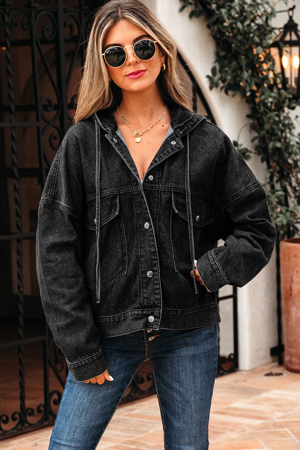Sage Pocket Drop Shoulder Hooded Denim Jacket Threaded Pear