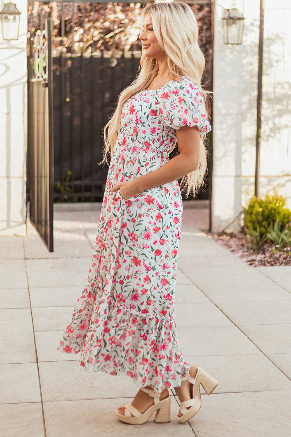 Molly Floral Square Neck Empire Waist Tiered Maxi Dress