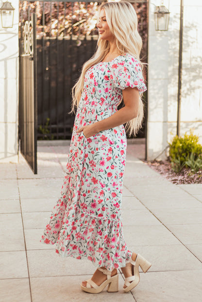 Molly Floral Square Neck Empire Waist Tiered Maxi Dress