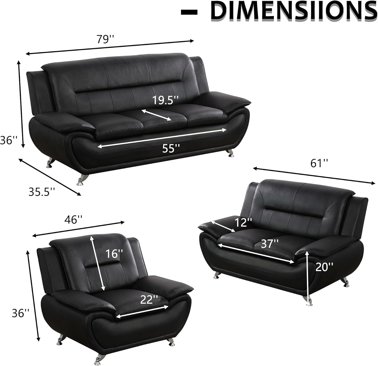 3 Piece Black Sofa Set Modern Living Room Couch Set Sofa Loveseat Chair For Home Decor ShipItFurniture