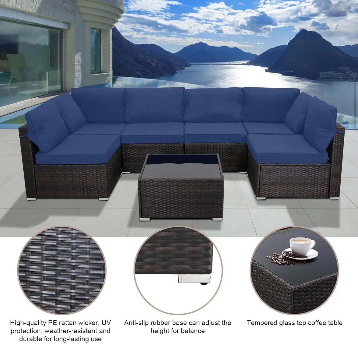 7 Pieces Outdoor Patio Furniture Sets,Rattan Conversation Sectional Set,Manual Weaving Wicker Patio Sofa with Tea Table-4