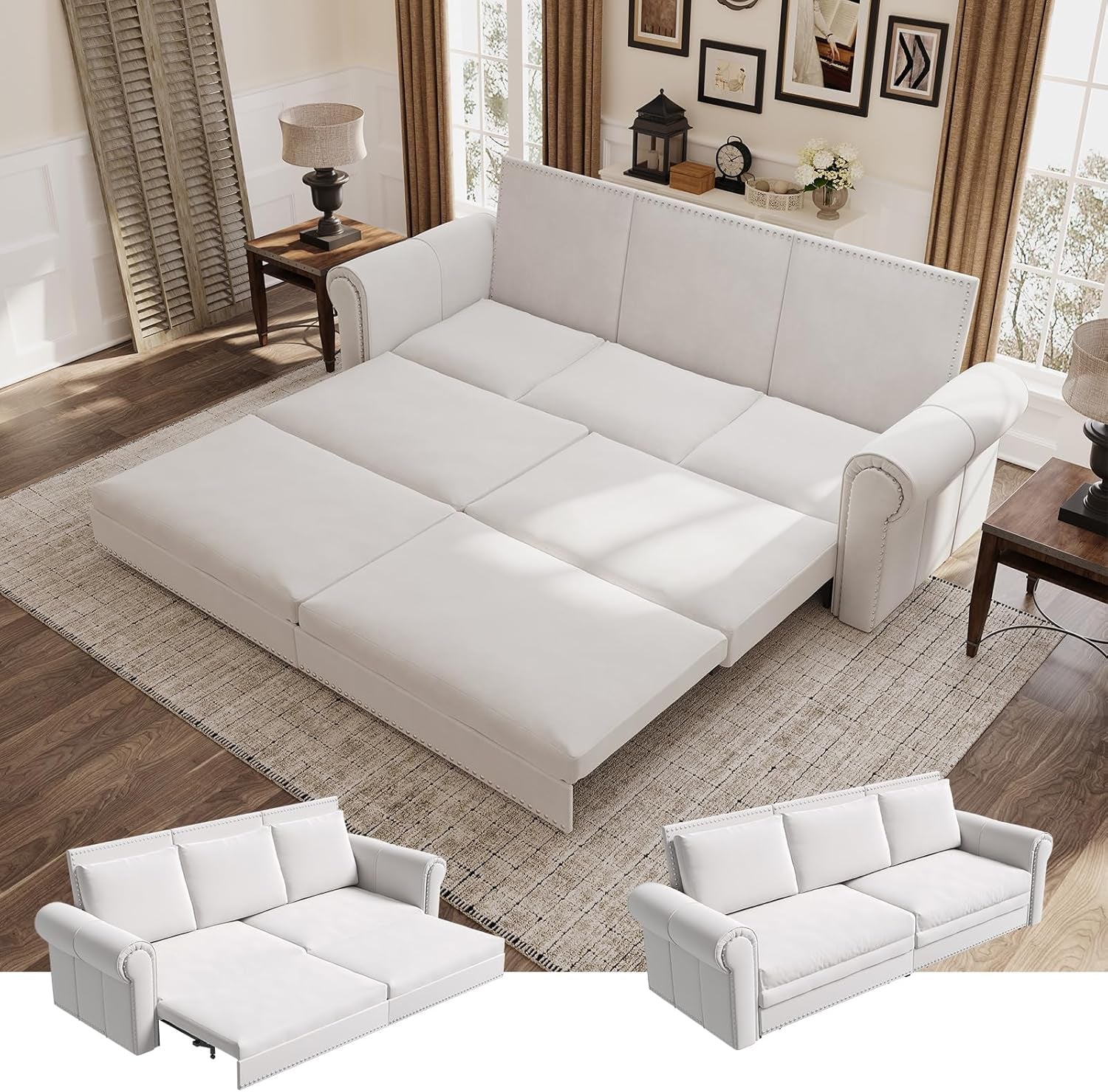 King Size Multifunctional Sleeper Sofa Beige Velvet ShipItFurniture