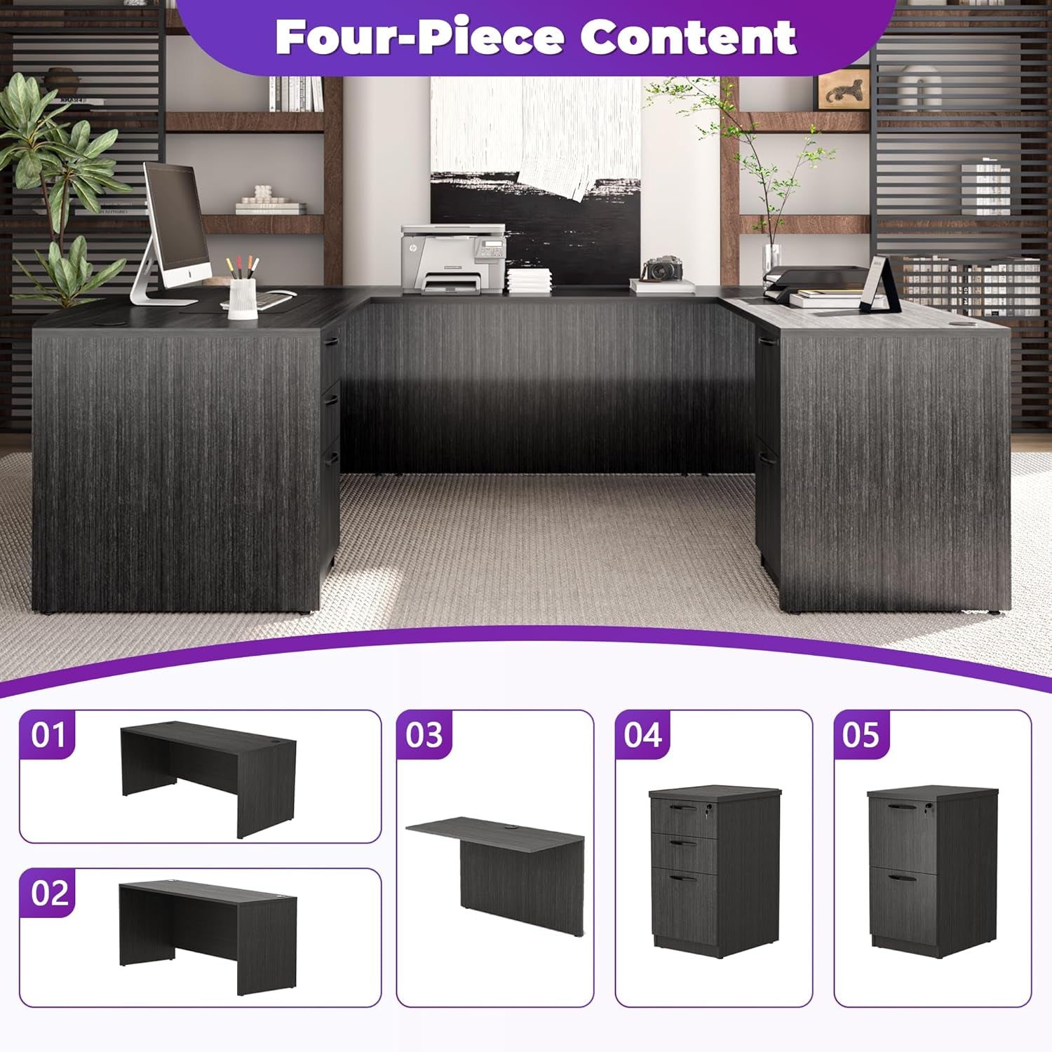 67 Inch U Shaped Executive Desk With 2 Storage Cabinets ShipItFurniture