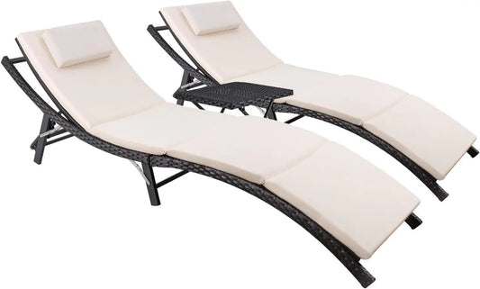 Adjustable Outdoor Rattan Chaise Lounge Set With Table-0
