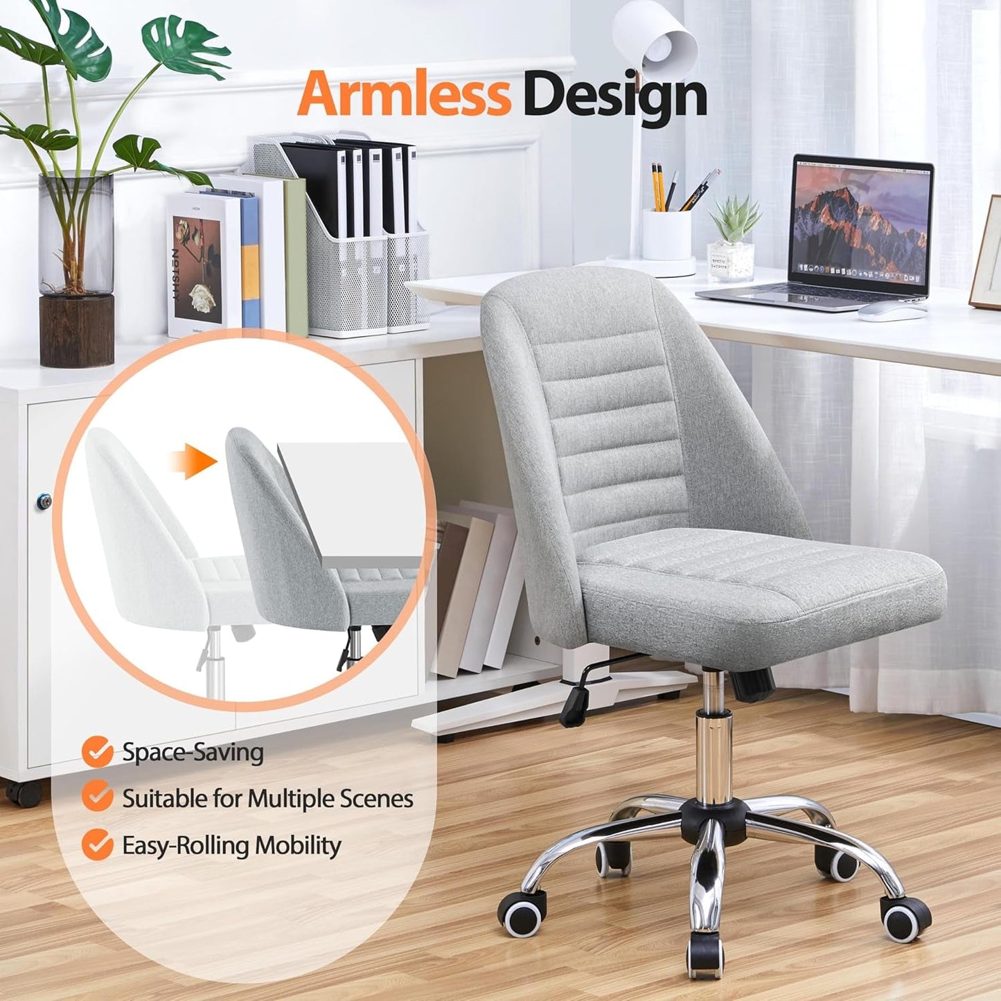 Linen Office Desk Chair With Rolling Wheels For Home Office