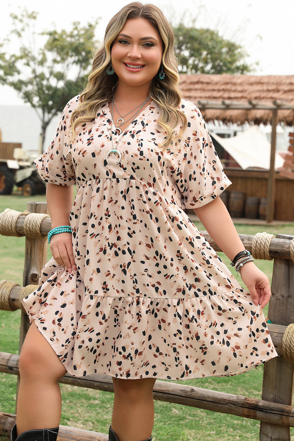 Leila Plus Size Cuffed Sleeve Empire Waist Dress Threaded Pear