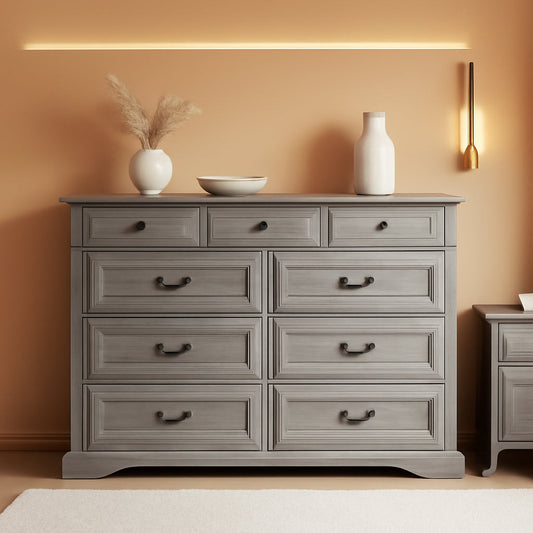 Grey 9-Drawer SolidWood Dresser For Bedroom Storage ShipItFurniture