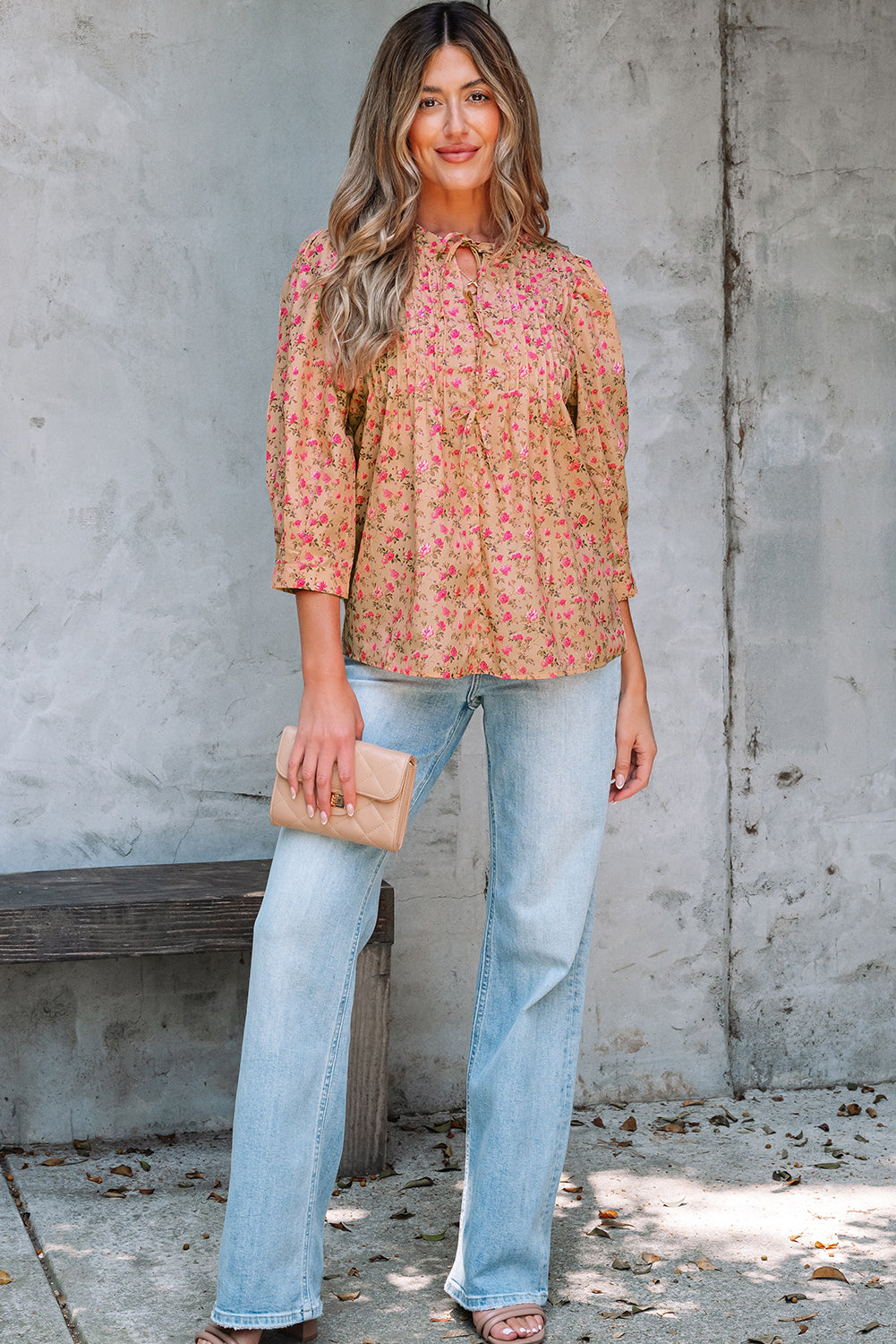 Sadie Floral Bow Pin-tuck Bust Half Puff Sleeve Blouse Threaded Pear