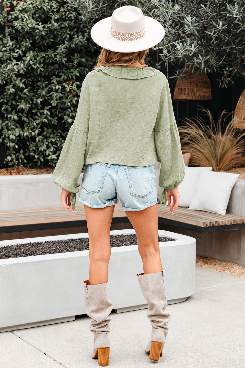 Natalia Bow Tie Front Ruffle Trim Long Sleeve Gauze Blouse - Get it from Bo