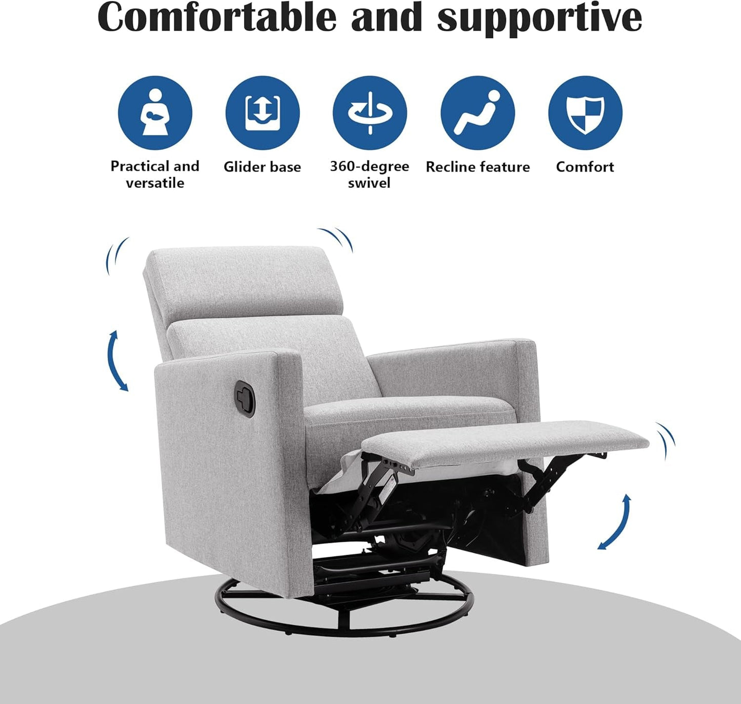 Gray Swivel Recliner Chair With Glider And Headrest ShipItFurniture