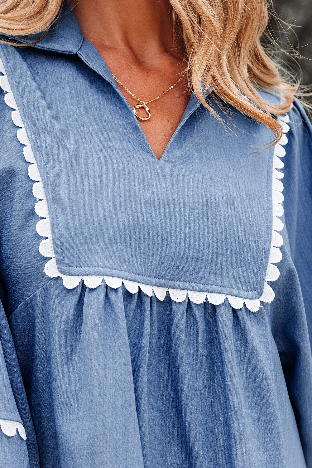 Nevaeh Lace Ric Rac 3/4 Puff Sleeve Collared Babydoll Blouse Threaded Pear