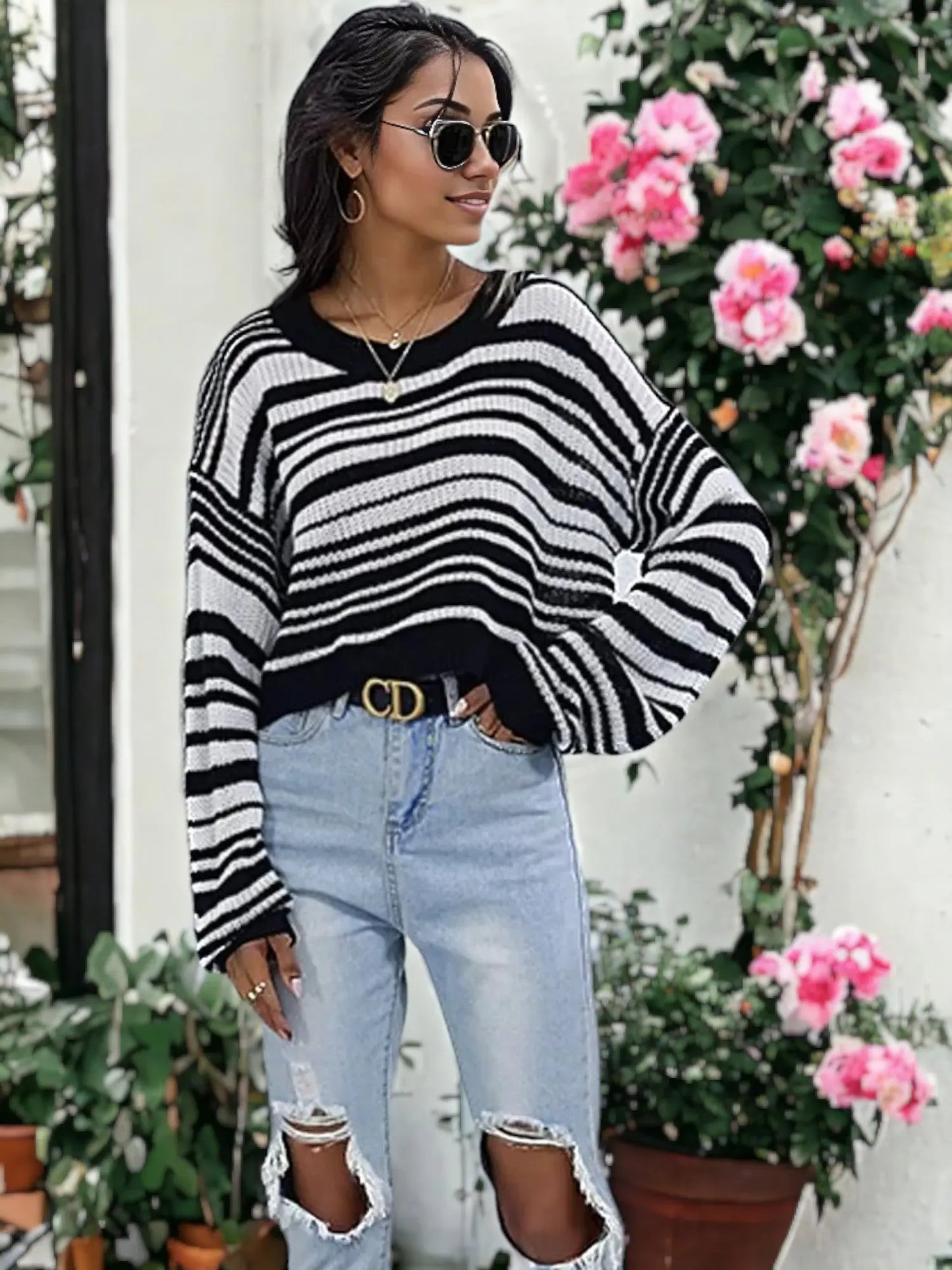 Drop Shoulder Striped Sweater