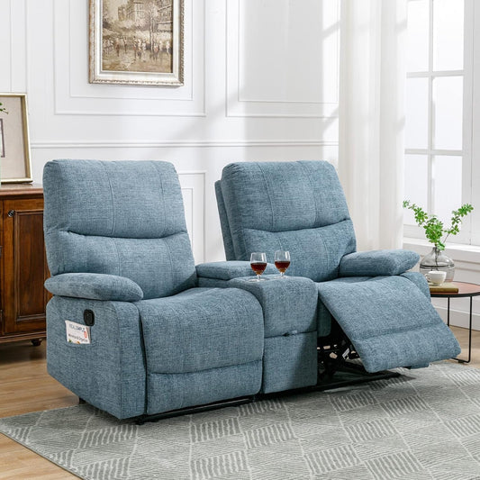 Blue Fabric Double Reclining Loveseat With Console ShipItFurniture