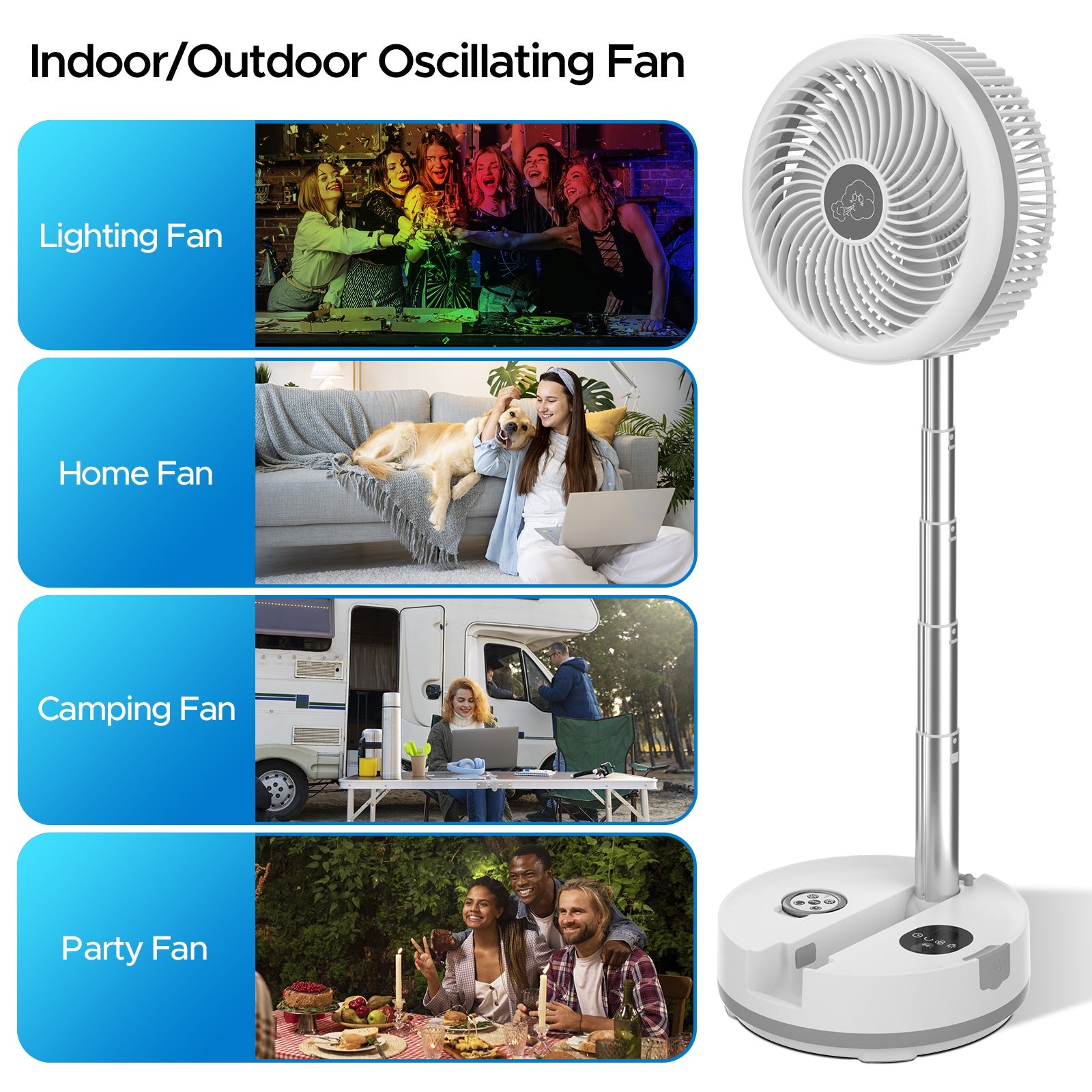Neofeel Portable Oscillating Standing Fan, 40000mAh Rechargeable Battery Operated Fan with Remote/Timer, RGB Lighting Fan, Pedestal Floor Fan for Bedroom Party Camping (White, 40000mAh) - Get it from Bo