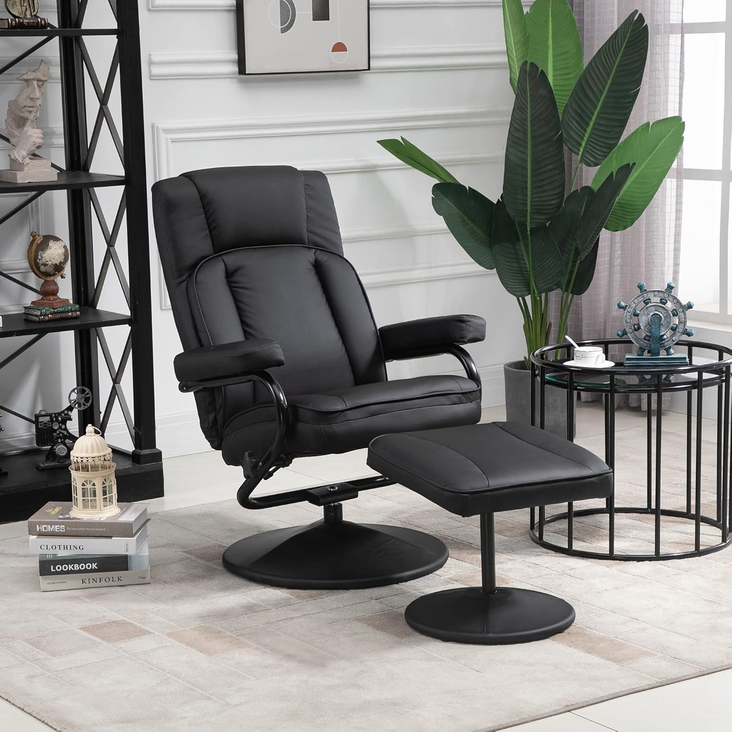 Black PU Leather Swivel Recliner With Ottoman Footrest ShipItFurniture