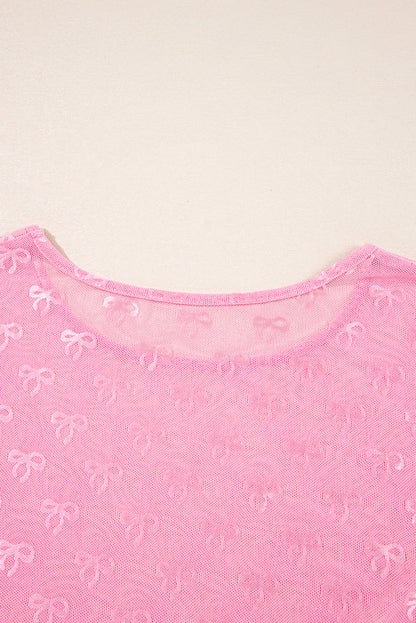 Pink Plus Size Bow Embroidered Mesh Long Sleeve Top