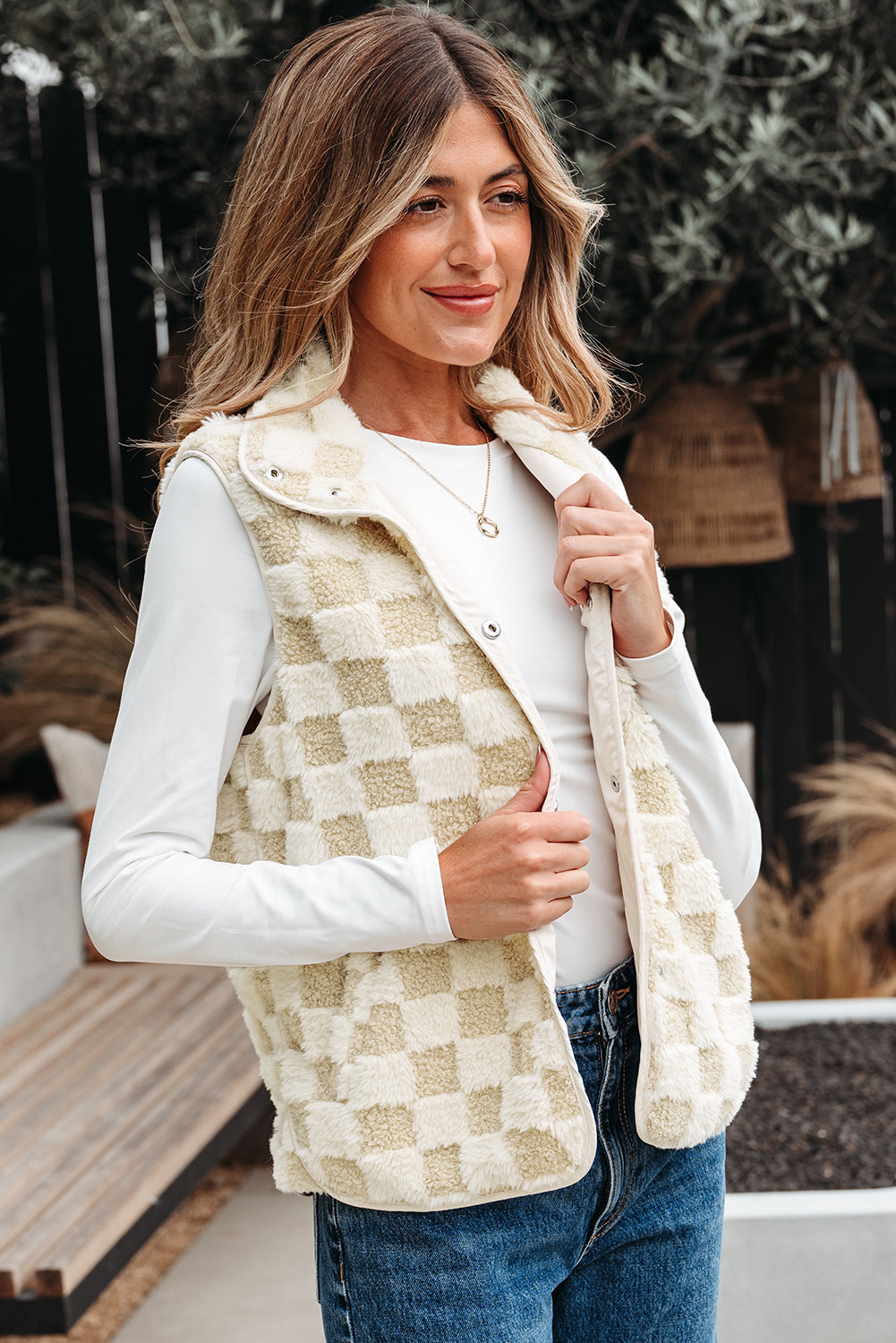 Stevie Sherpa Checkerboard Button Vest With Pocket Threaded Pear