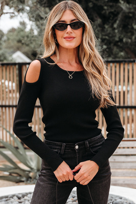 Amaya Ribbed Knit Cold Shoulder Sweater Threaded Pear
