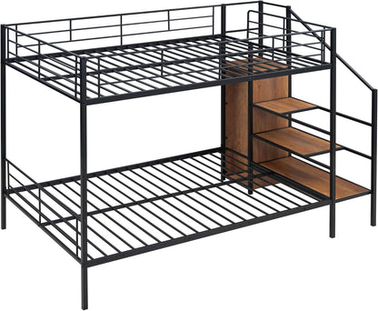 Full over Full Metal Bunk Bed，Bunk Bed with Storage Stairs and Wardrobe, Bunk Bed for Adults/Kids/Teens, Bunk Bed for School, Bedroom, Black ShipItFurniture
