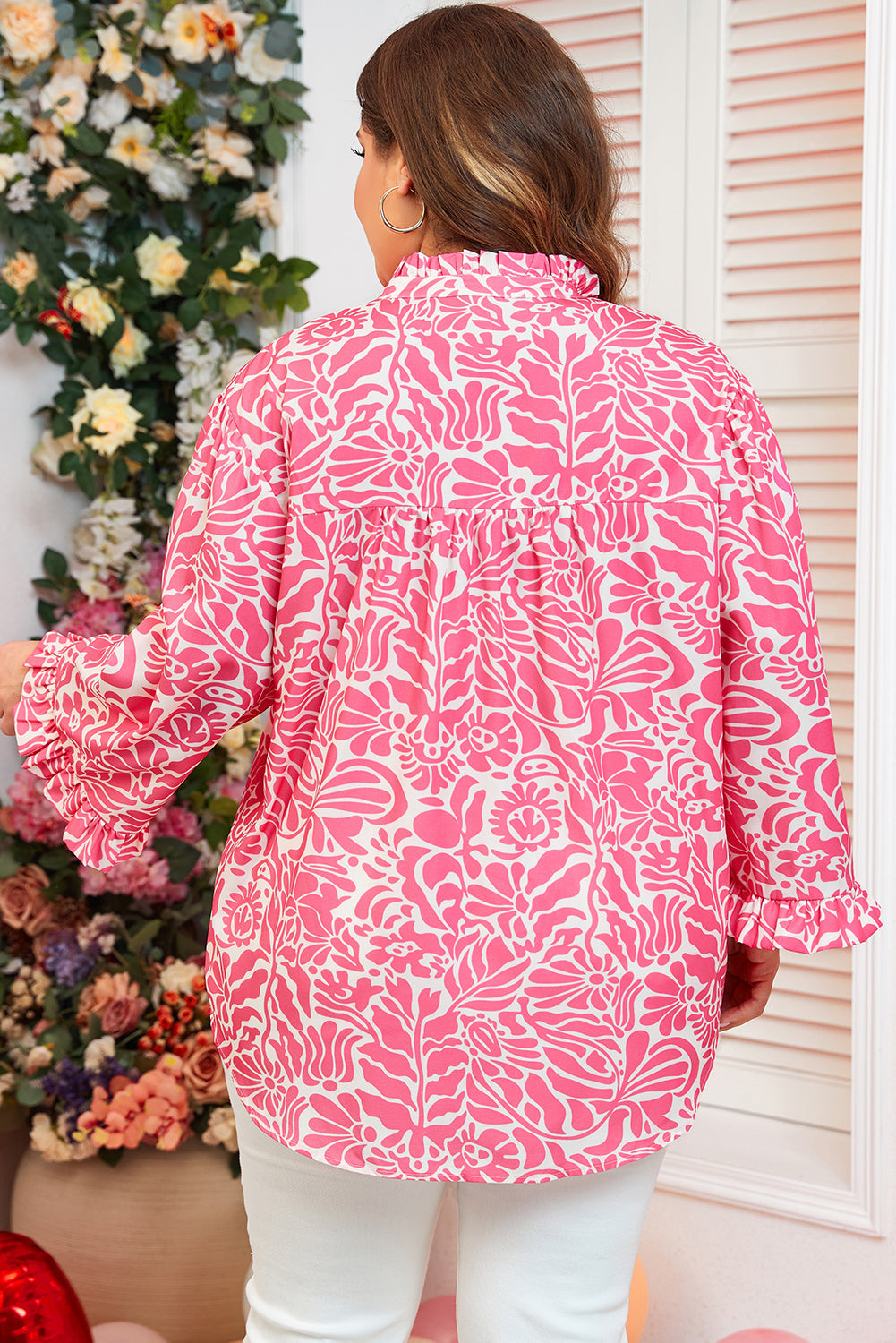 Alanna Plus Size Floral Frilled Neck Top Threaded Pear