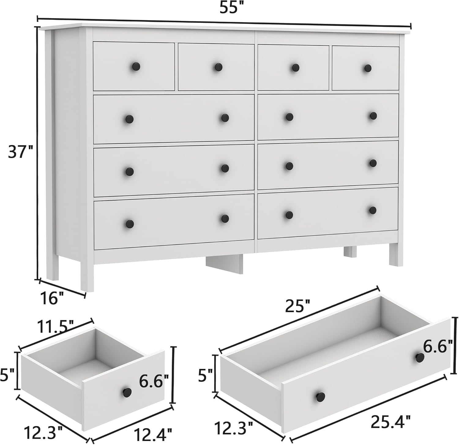 White 55 Inch Ten Drawer Dresser Modern Bedroom Storage ShipItFurniture