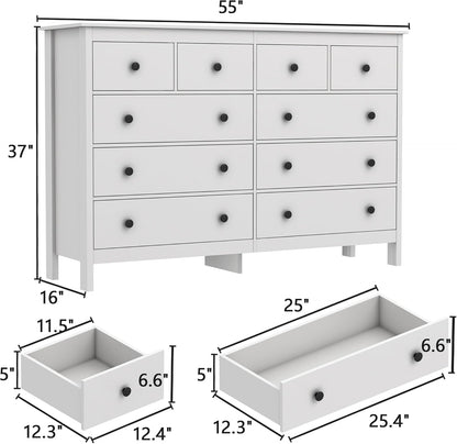 White 55 Inch Ten Drawer Dresser Modern Bedroom Storage ShipItFurniture